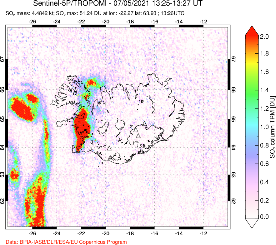 A sulfur dioxide image over Iceland on Jul 05, 2021.