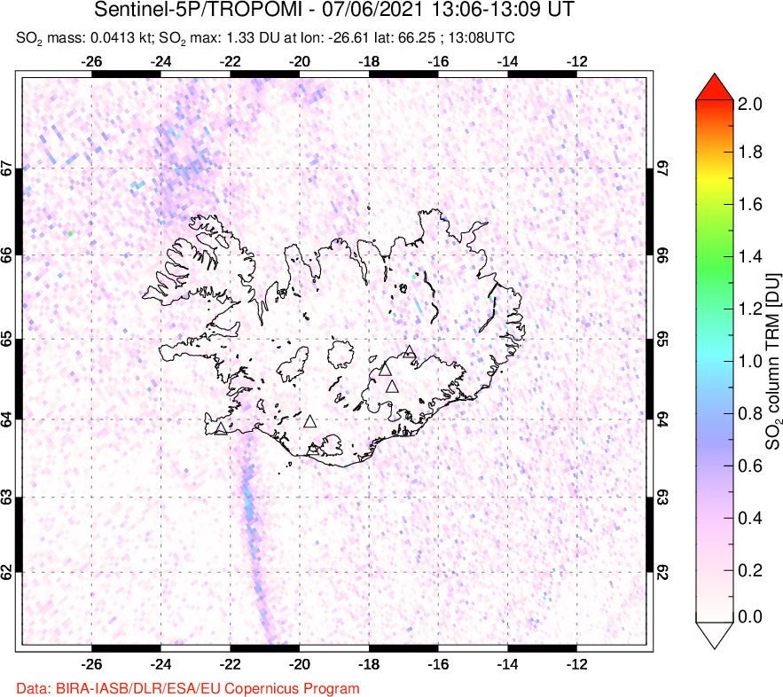 A sulfur dioxide image over Iceland on Jul 06, 2021.