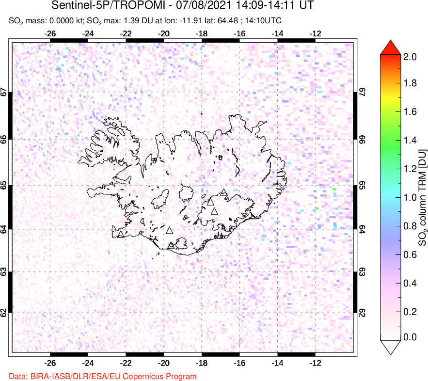 A sulfur dioxide image over Iceland on Jul 08, 2021.
