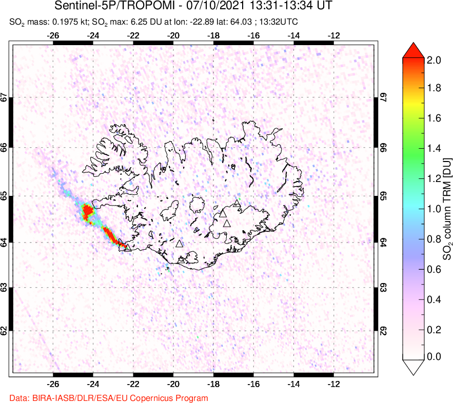 A sulfur dioxide image over Iceland on Jul 10, 2021.