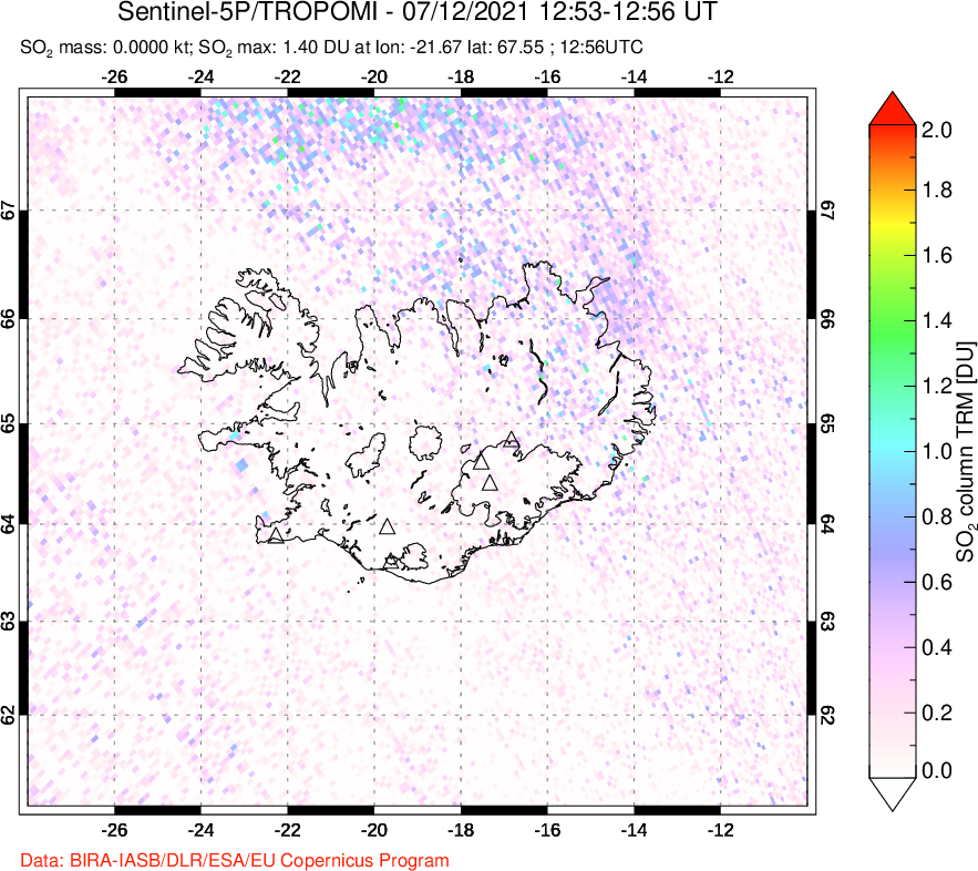 A sulfur dioxide image over Iceland on Jul 12, 2021.