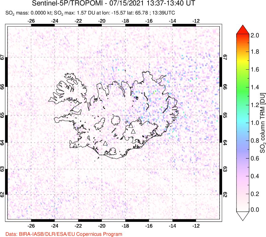 A sulfur dioxide image over Iceland on Jul 15, 2021.