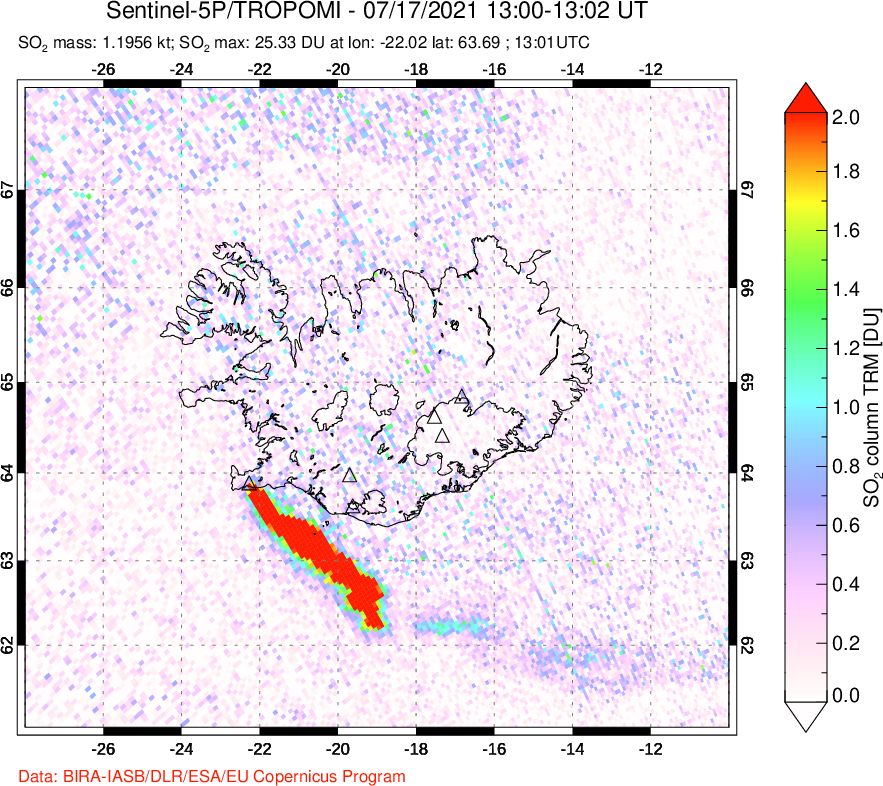 A sulfur dioxide image over Iceland on Jul 17, 2021.