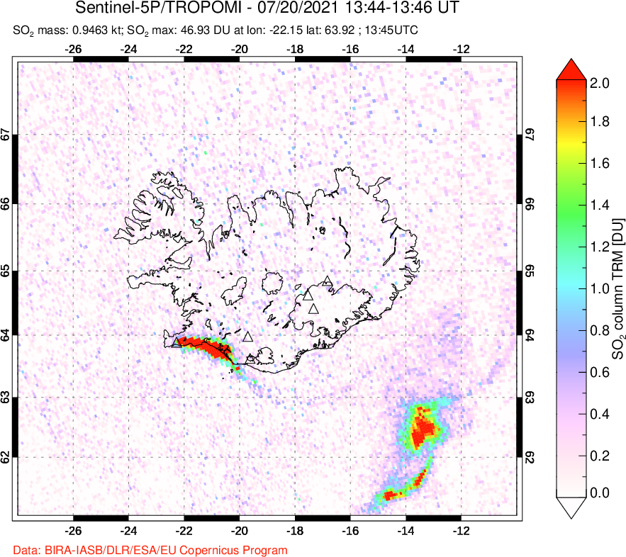 A sulfur dioxide image over Iceland on Jul 20, 2021.