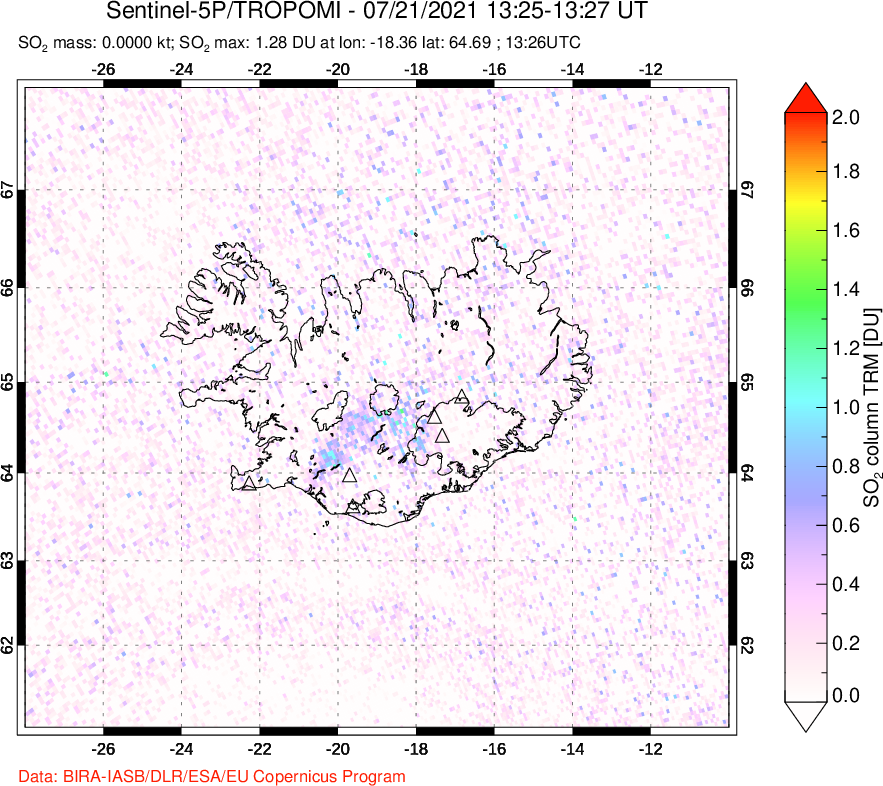 A sulfur dioxide image over Iceland on Jul 21, 2021.