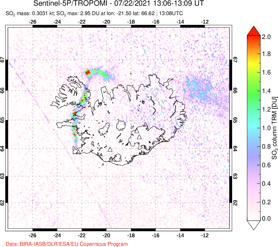 A sulfur dioxide image over Iceland on Jul 22, 2021.