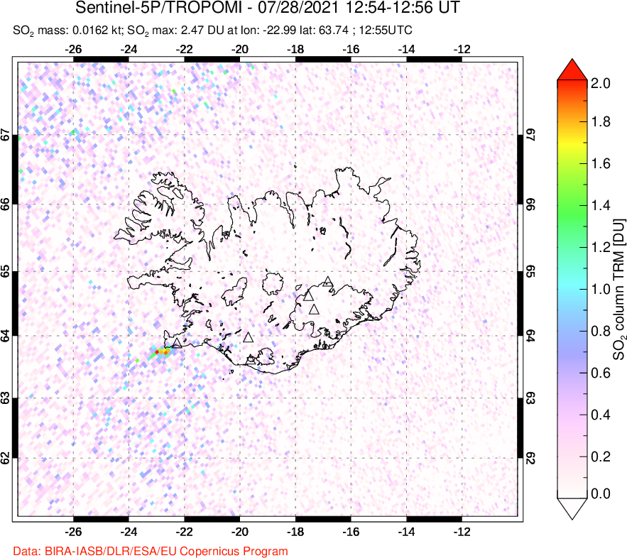 A sulfur dioxide image over Iceland on Jul 28, 2021.