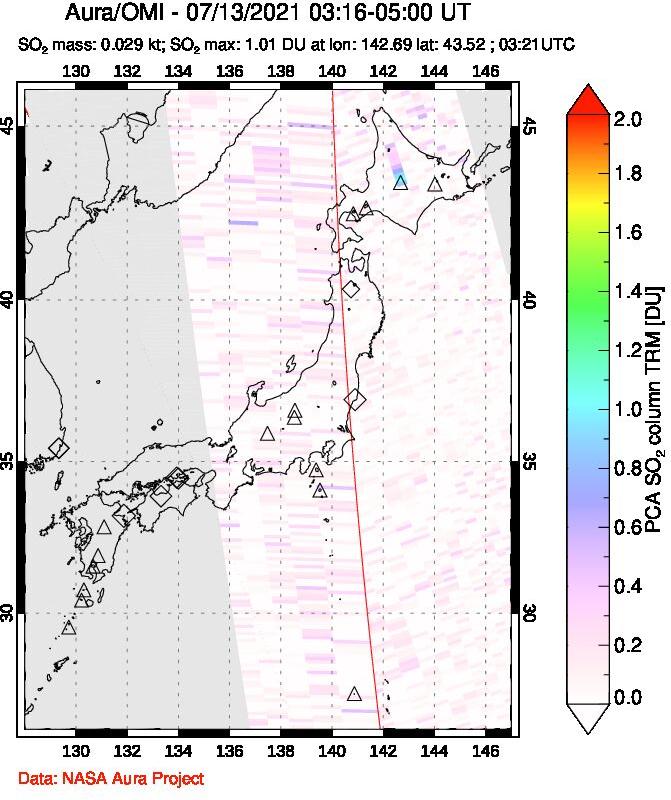 A sulfur dioxide image over Japan on Jul 13, 2021.