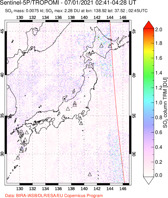 A sulfur dioxide image over Japan on Jul 01, 2021.