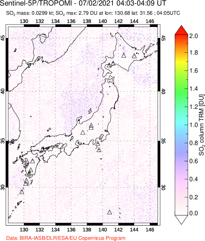 A sulfur dioxide image over Japan on Jul 02, 2021.
