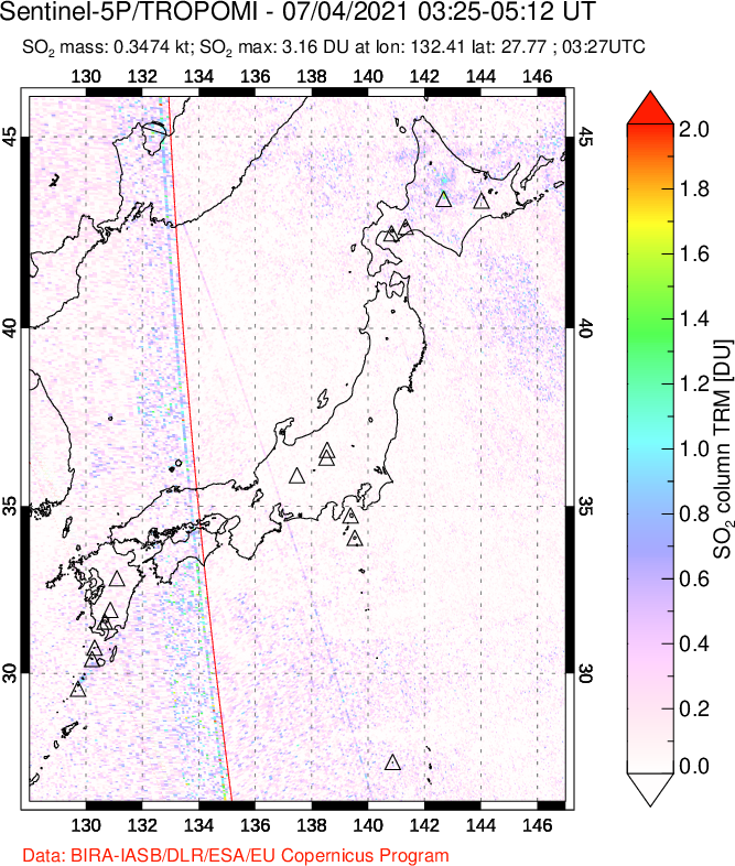 A sulfur dioxide image over Japan on Jul 04, 2021.