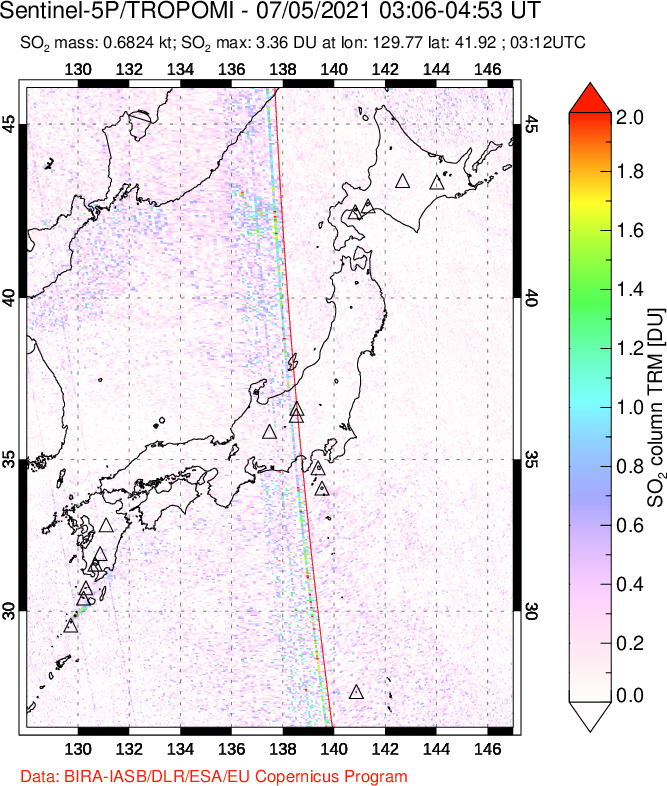 A sulfur dioxide image over Japan on Jul 05, 2021.