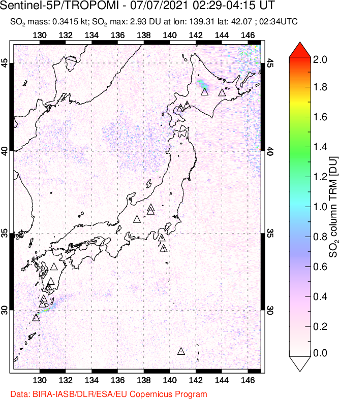 A sulfur dioxide image over Japan on Jul 07, 2021.