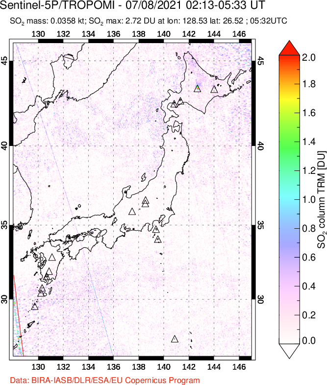 A sulfur dioxide image over Japan on Jul 08, 2021.