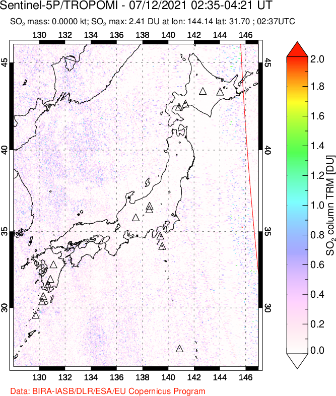 A sulfur dioxide image over Japan on Jul 12, 2021.