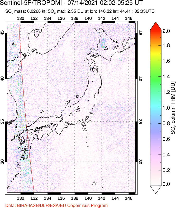 A sulfur dioxide image over Japan on Jul 14, 2021.