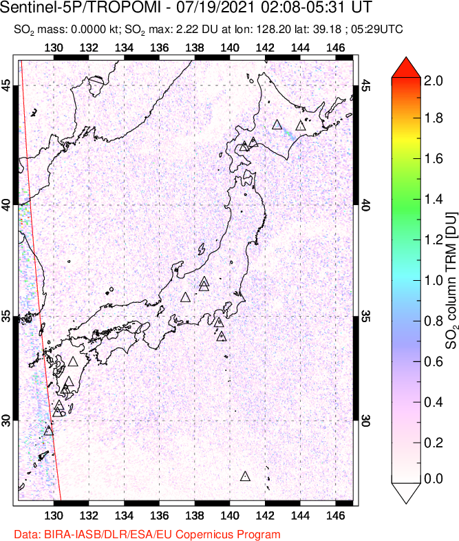 A sulfur dioxide image over Japan on Jul 19, 2021.