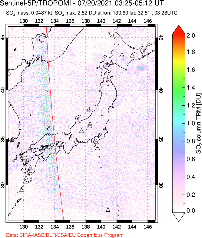 A sulfur dioxide image over Japan on Jul 20, 2021.
