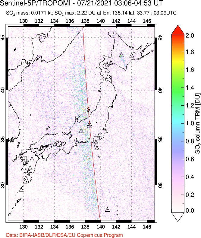 A sulfur dioxide image over Japan on Jul 21, 2021.