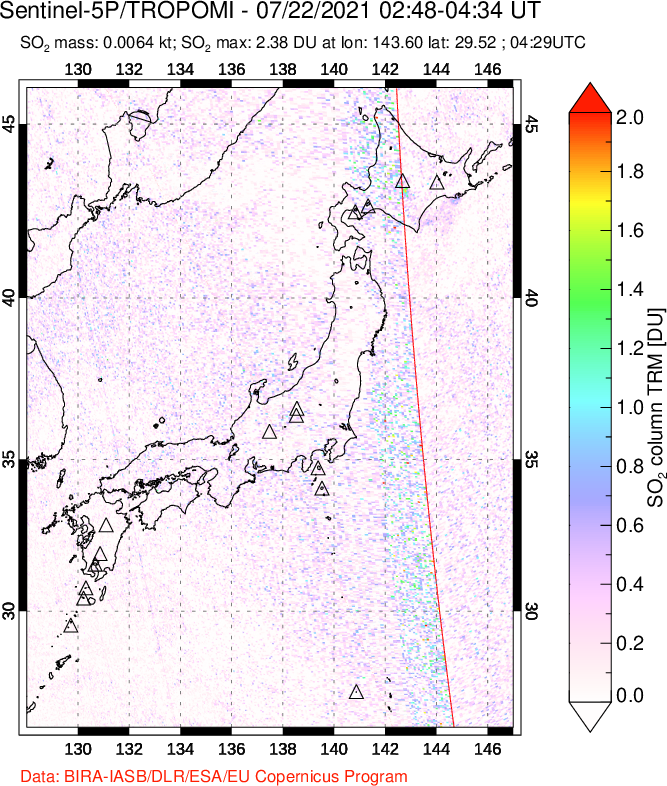 A sulfur dioxide image over Japan on Jul 22, 2021.
