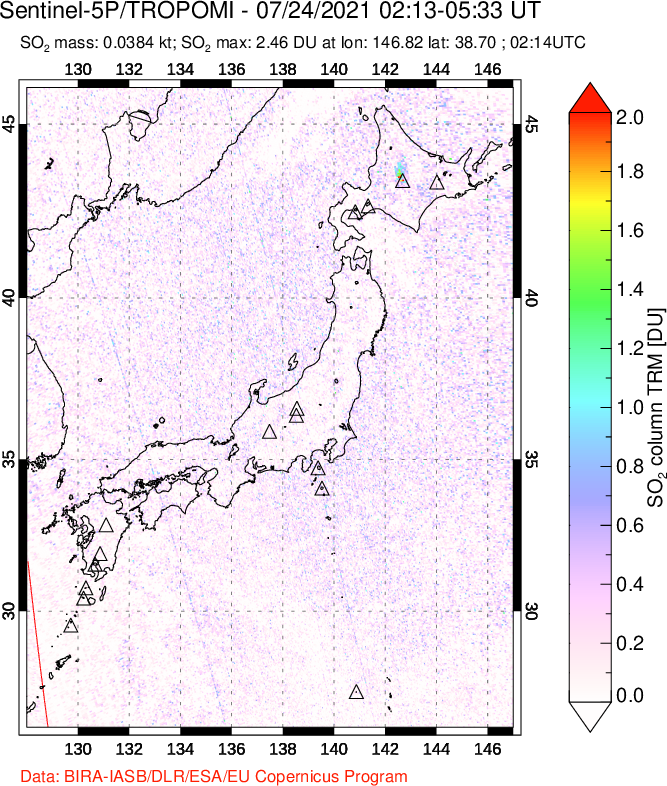 A sulfur dioxide image over Japan on Jul 24, 2021.