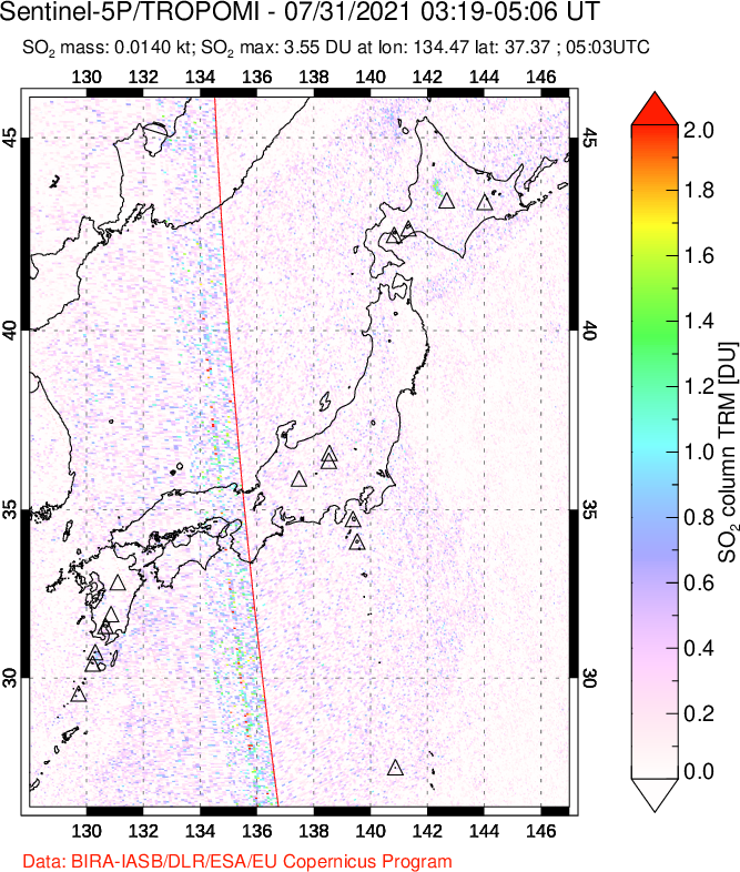 A sulfur dioxide image over Japan on Jul 31, 2021.