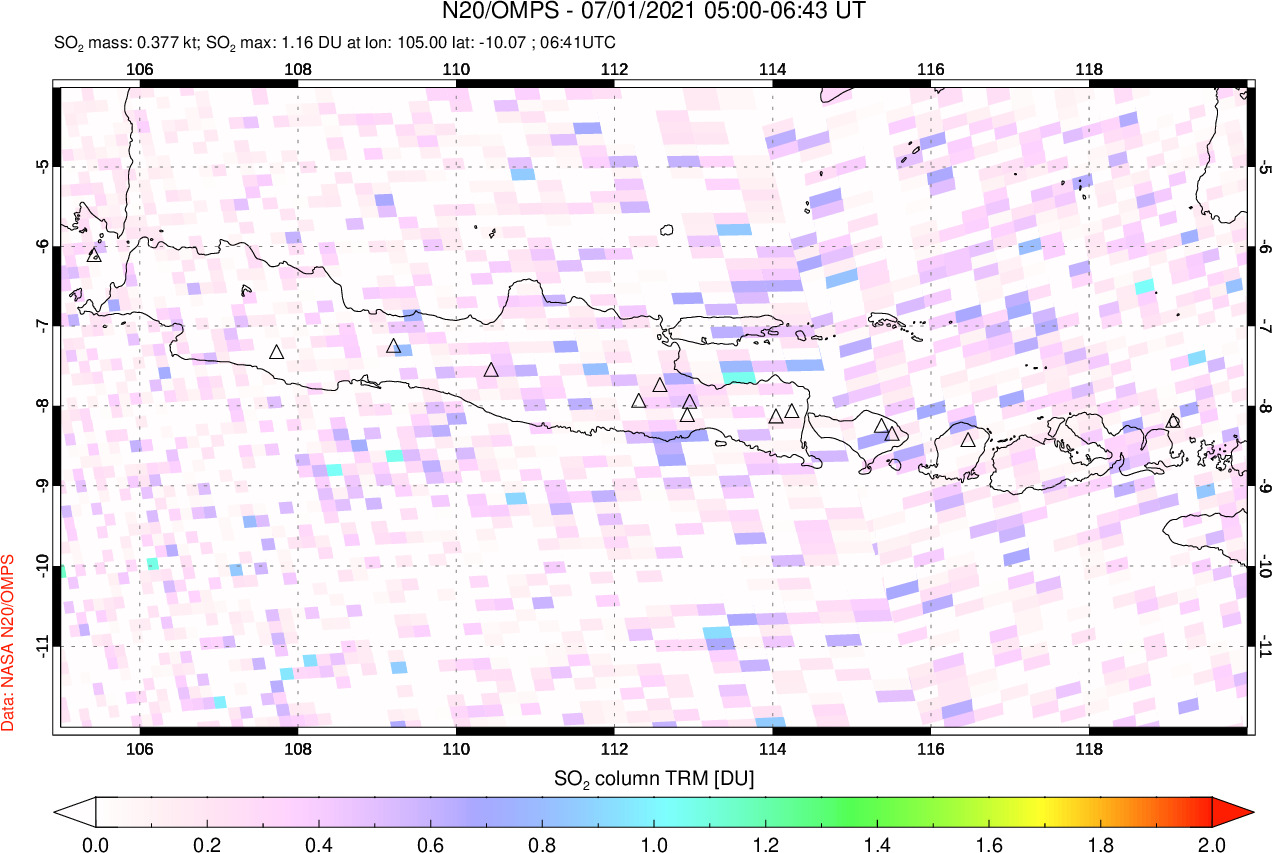 A sulfur dioxide image over Java, Indonesia on Jul 01, 2021.