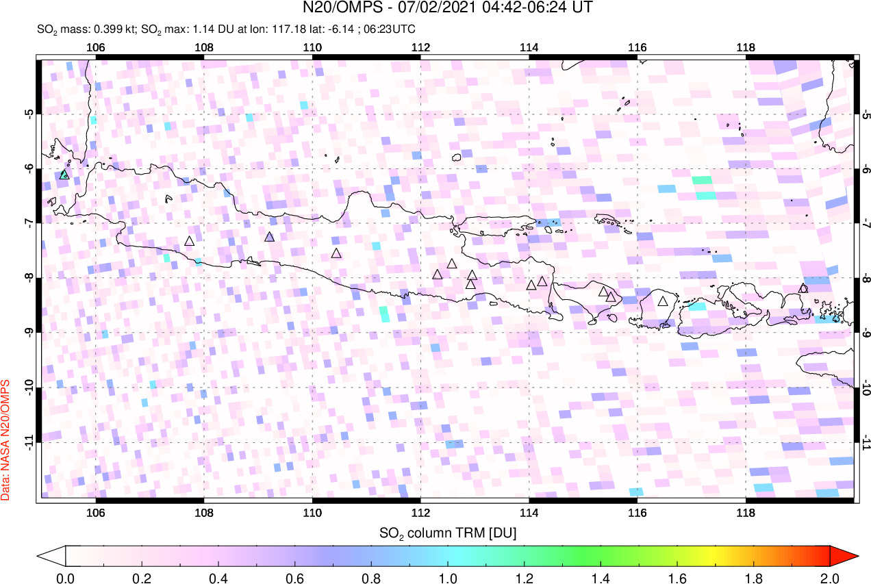 A sulfur dioxide image over Java, Indonesia on Jul 02, 2021.
