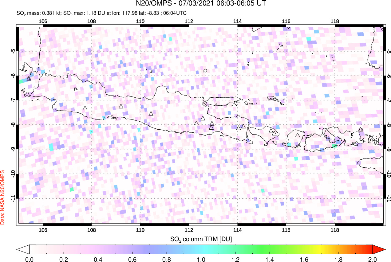 A sulfur dioxide image over Java, Indonesia on Jul 03, 2021.