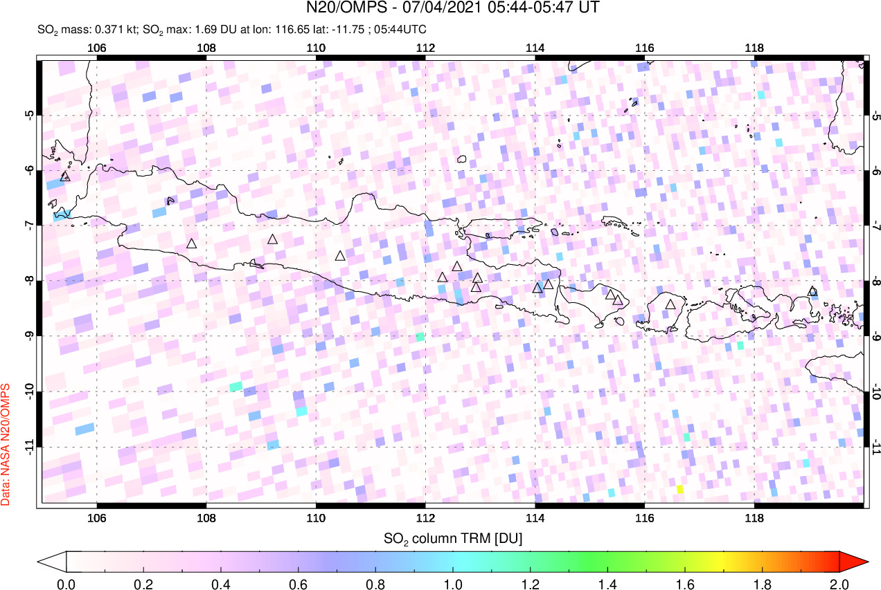 A sulfur dioxide image over Java, Indonesia on Jul 04, 2021.
