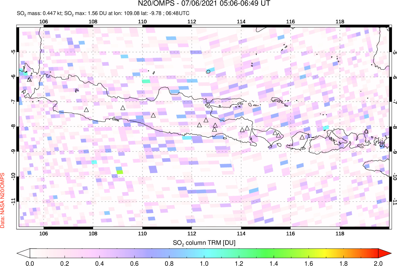 A sulfur dioxide image over Java, Indonesia on Jul 06, 2021.