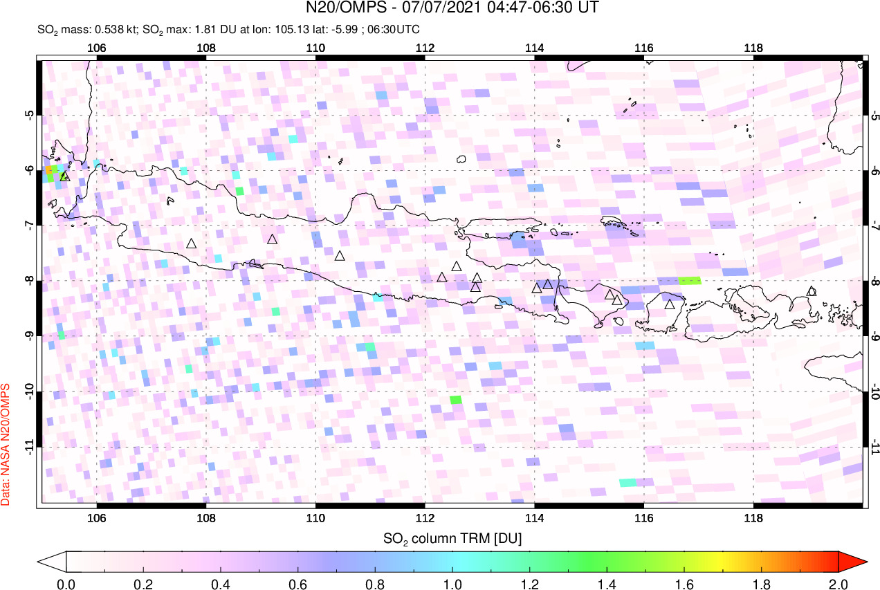 A sulfur dioxide image over Java, Indonesia on Jul 07, 2021.