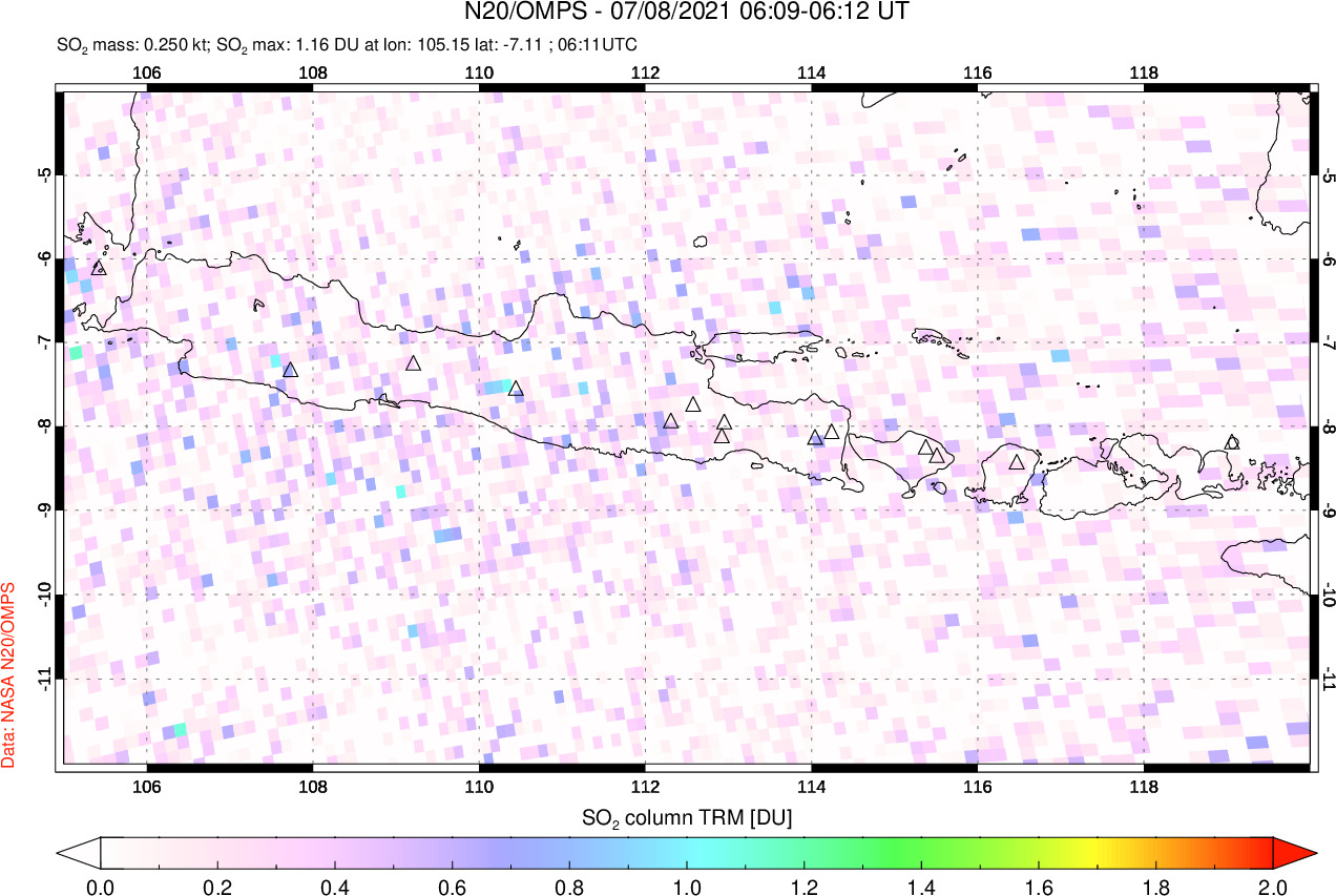 A sulfur dioxide image over Java, Indonesia on Jul 08, 2021.