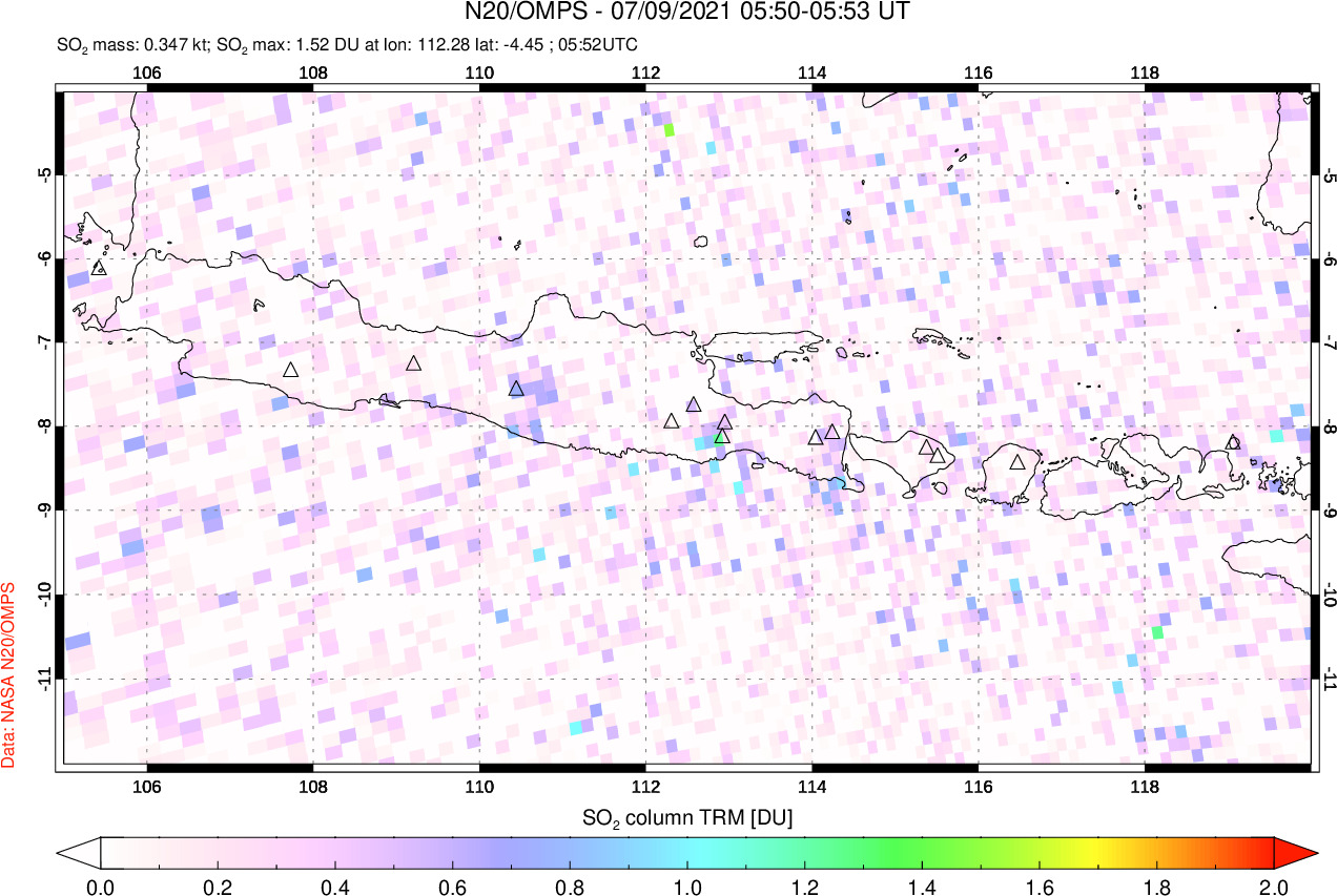 A sulfur dioxide image over Java, Indonesia on Jul 09, 2021.