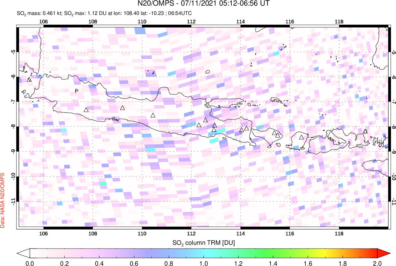 A sulfur dioxide image over Java, Indonesia on Jul 11, 2021.