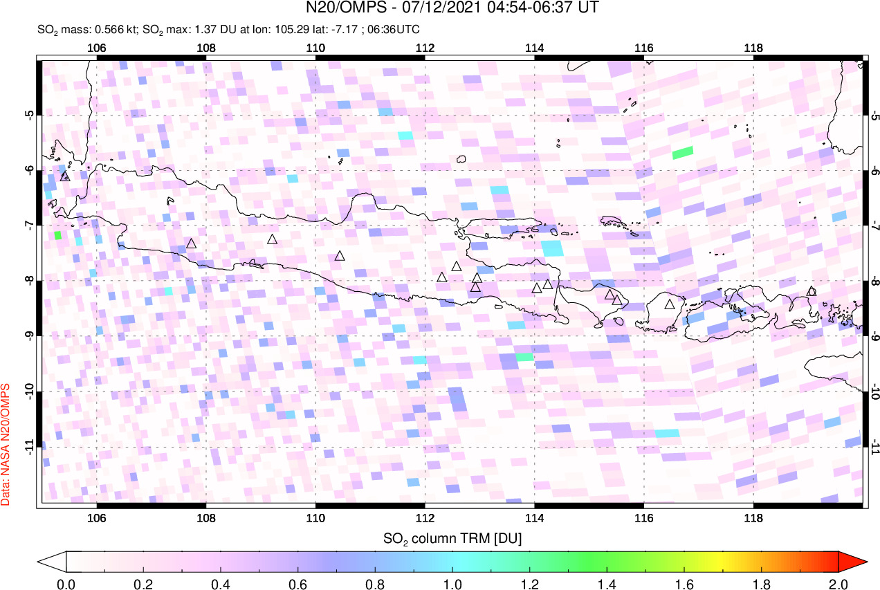 A sulfur dioxide image over Java, Indonesia on Jul 12, 2021.