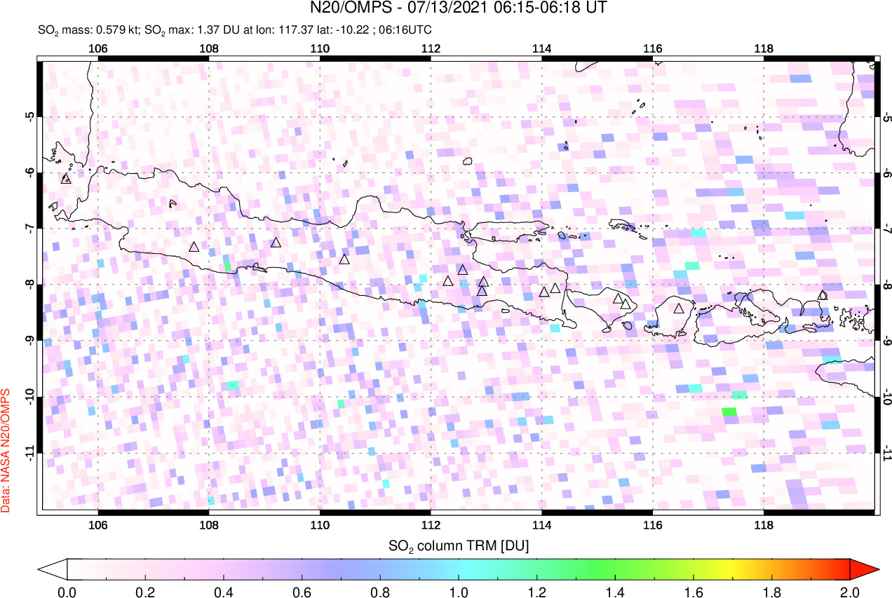 A sulfur dioxide image over Java, Indonesia on Jul 13, 2021.