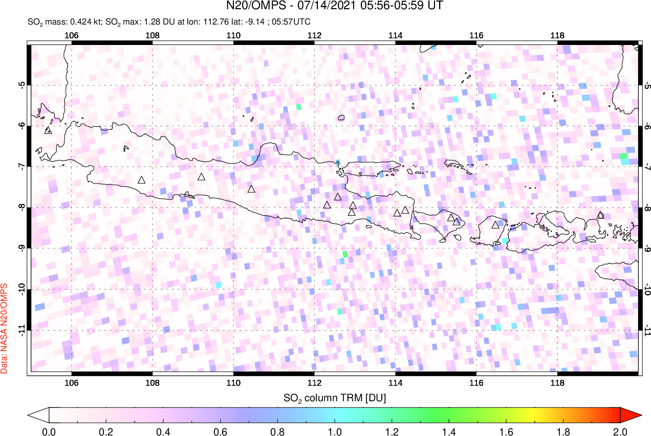 A sulfur dioxide image over Java, Indonesia on Jul 14, 2021.