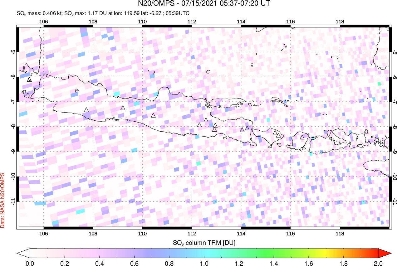 A sulfur dioxide image over Java, Indonesia on Jul 15, 2021.