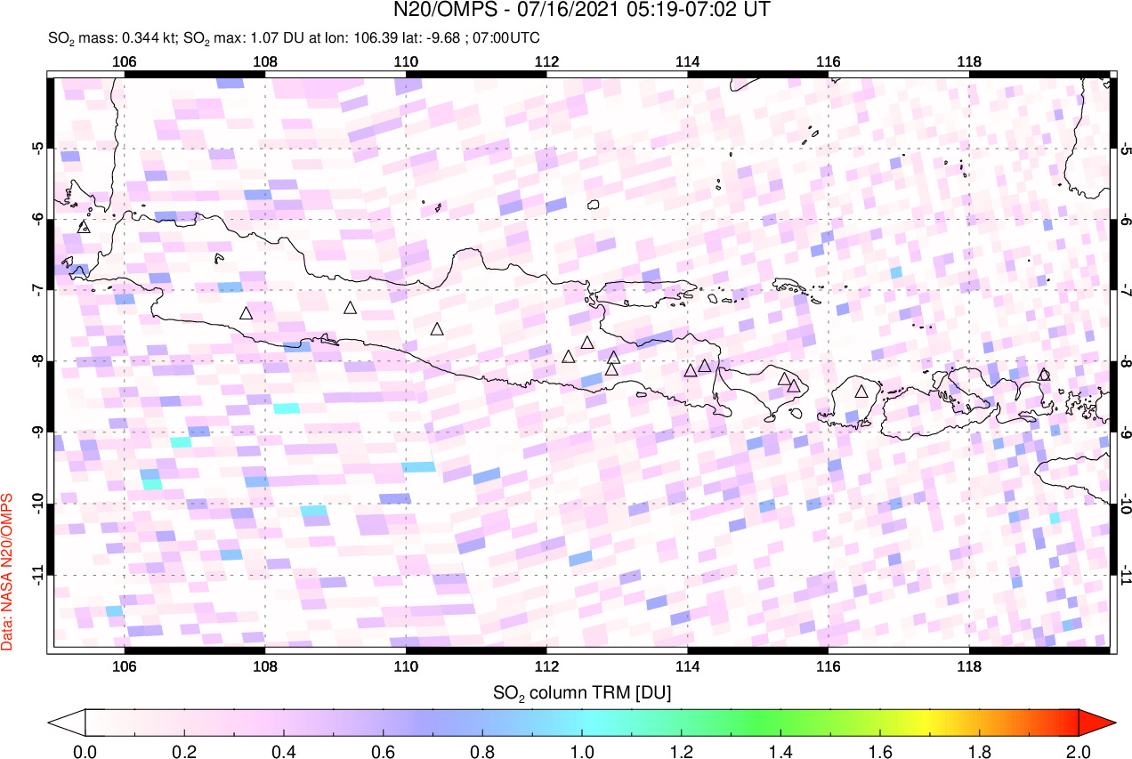 A sulfur dioxide image over Java, Indonesia on Jul 16, 2021.