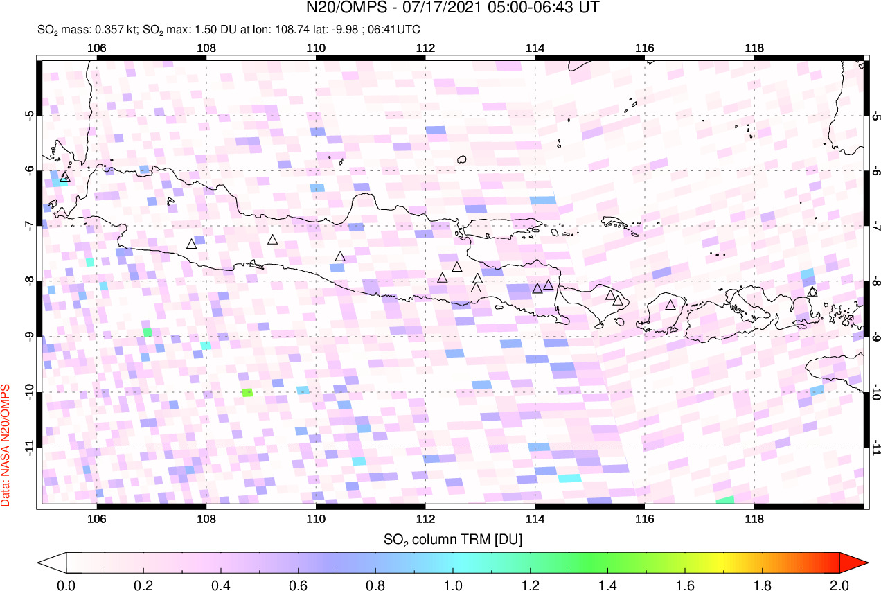 A sulfur dioxide image over Java, Indonesia on Jul 17, 2021.