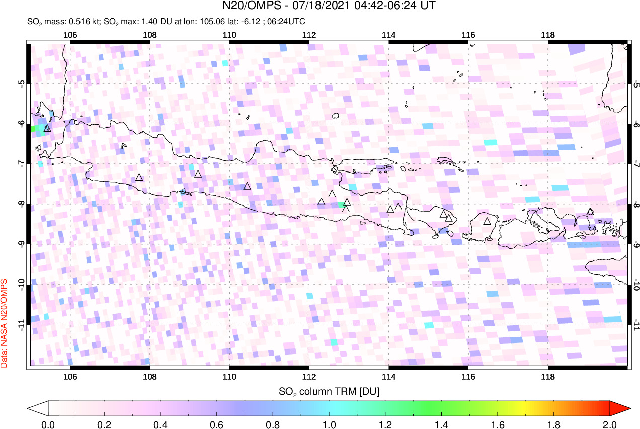 A sulfur dioxide image over Java, Indonesia on Jul 18, 2021.