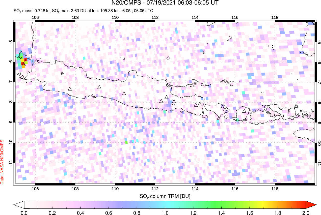 A sulfur dioxide image over Java, Indonesia on Jul 19, 2021.