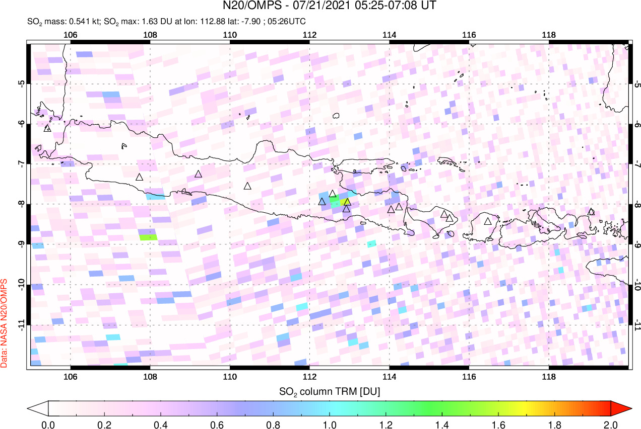 A sulfur dioxide image over Java, Indonesia on Jul 21, 2021.