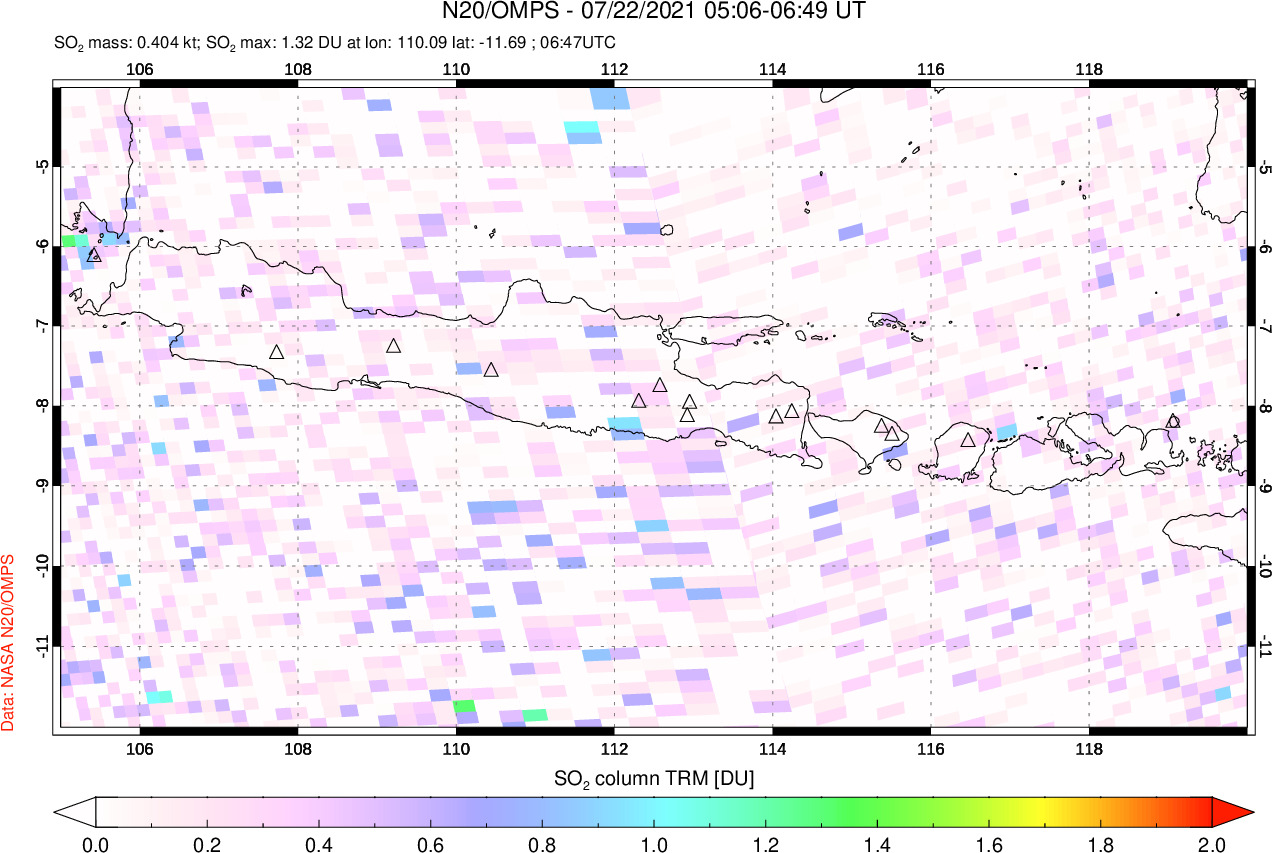 A sulfur dioxide image over Java, Indonesia on Jul 22, 2021.