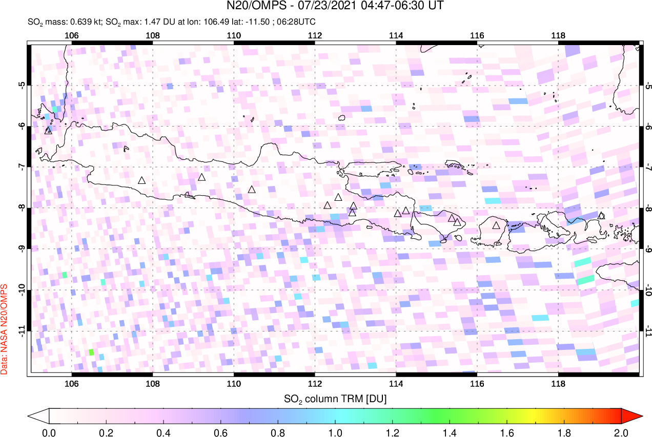 A sulfur dioxide image over Java, Indonesia on Jul 23, 2021.