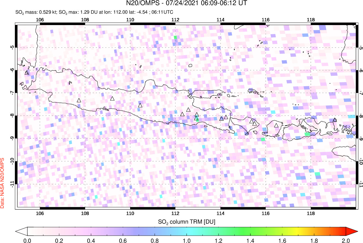 A sulfur dioxide image over Java, Indonesia on Jul 24, 2021.