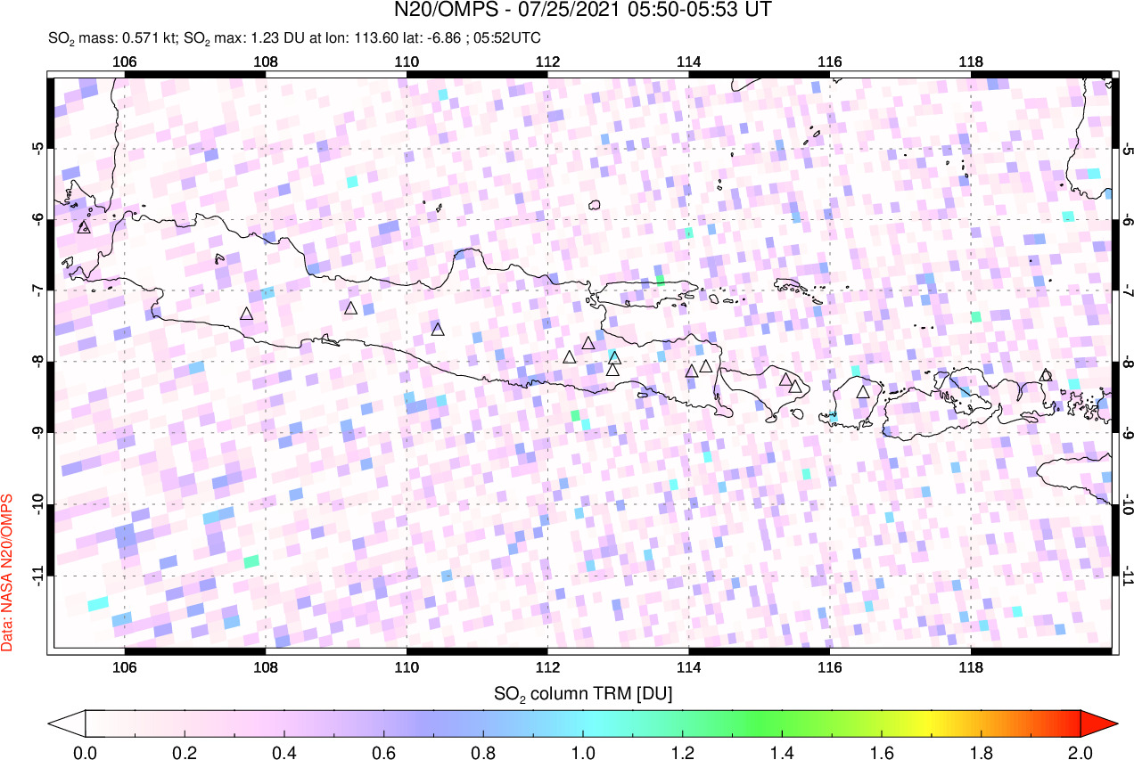 A sulfur dioxide image over Java, Indonesia on Jul 25, 2021.