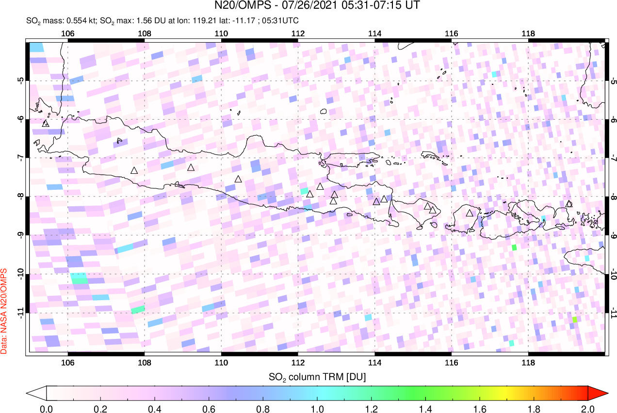A sulfur dioxide image over Java, Indonesia on Jul 26, 2021.