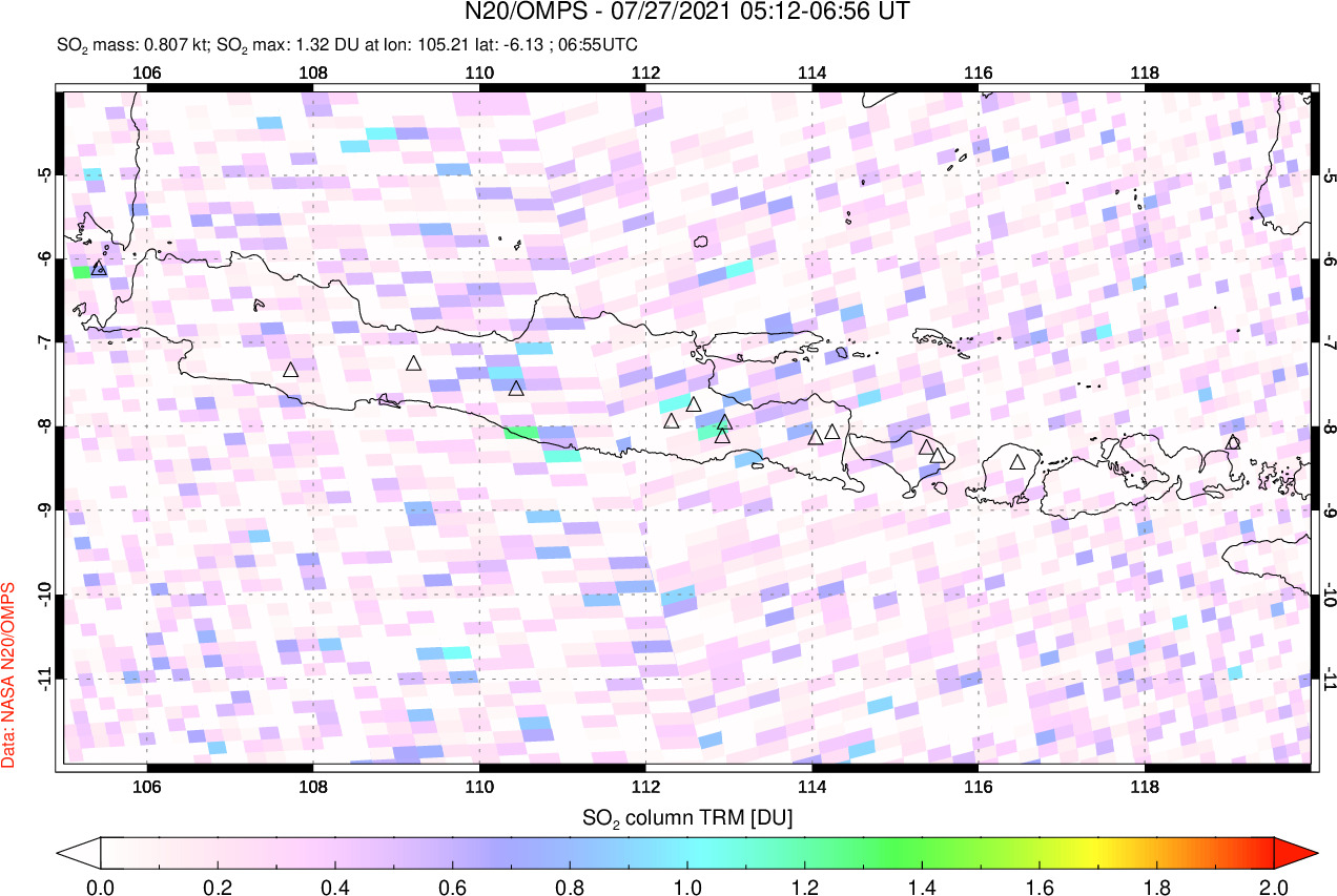 A sulfur dioxide image over Java, Indonesia on Jul 27, 2021.